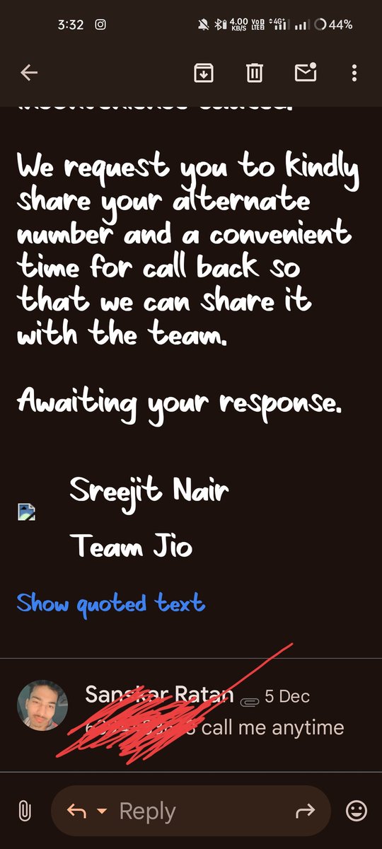 SanskarRatan's tweet photo. @JioCare See the today's excuse given by you team . 🤣🤣 https://t.co/j31vfnSlpf