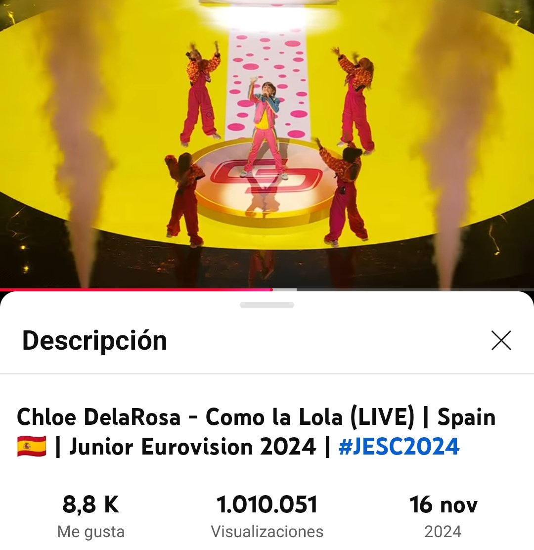 El_Eurodrama's tweet photo. ESPAÑA 🇪🇸 con Chloe DelaRosa "Cómo La Lola" logra ser la primera y única actuación en alcanzar 1 MILLÓN de visualizaciones en el canal de #EurovisionJunior2024, en menos de un mes. ♥️💃🏻

No toda victoria equivale a llevarse un trofeo. 🎉👏🏻

#JESC2024 #Eurovision #LetsBloom 🌺 https://t.co/Ty2D0gMInA