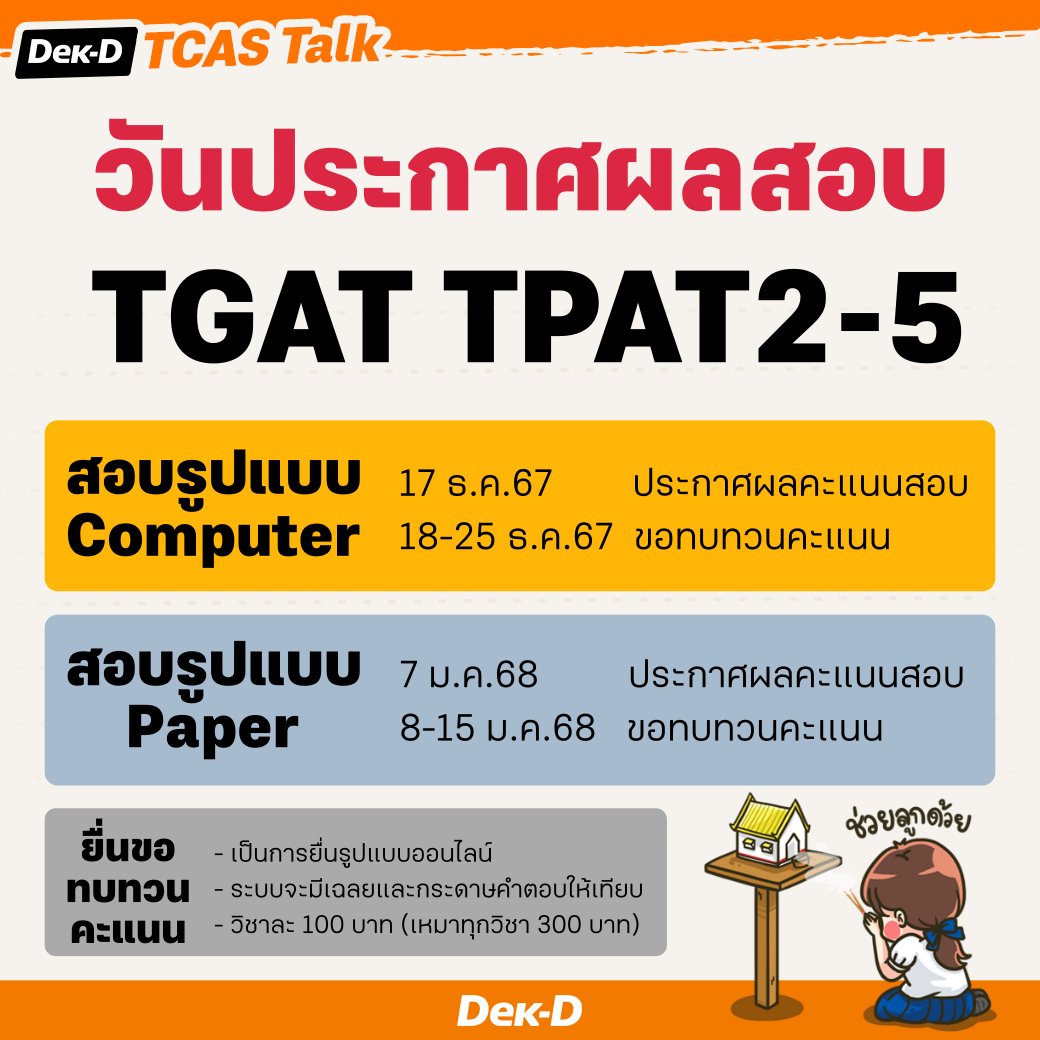 lataedekd's tweet image. กำหนดประกาศผลคะแนน TGAT TPAT2-5 ของ #dek68 ครับ
