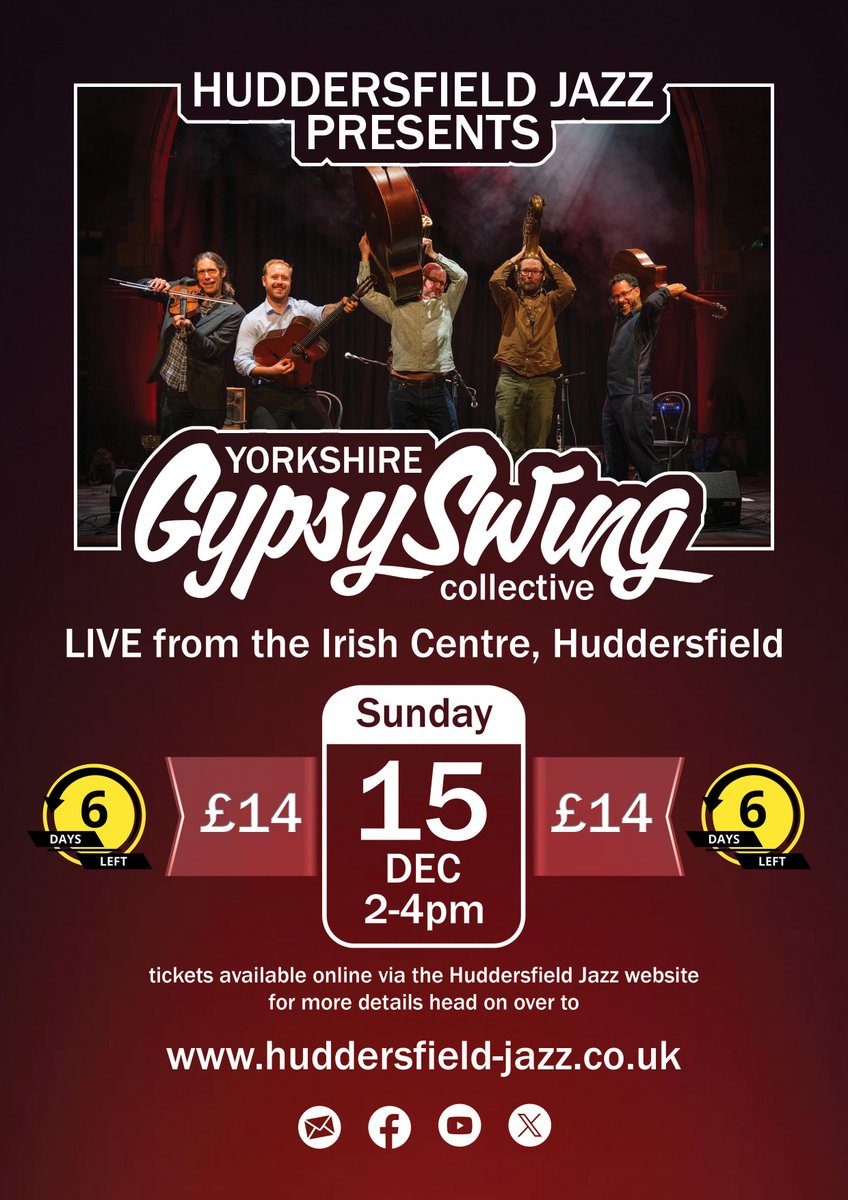 huddjazz's tweet photo. Just a few days left now until we round off our Autumn &amp; Winter season with the fabulous Yorkshire Gypsy Swing Collective.

Come join us at the Irish Centre in Huddersfield from 2pm for a fantastic afternoon of live music!

@everyone @followers #huddersfield #huddjazz #livejazz https://t.co/CRVye8AoQH