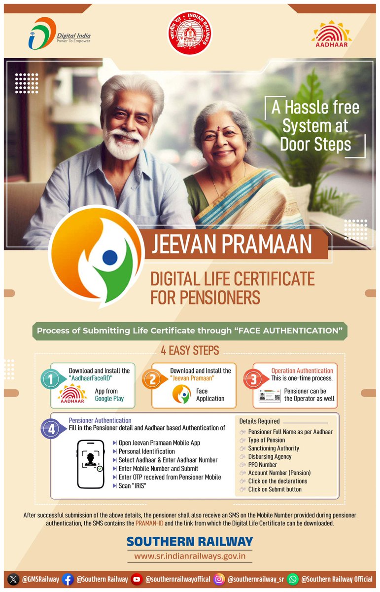 GMSRailway's tweet photo. Ensuring convenience for our #pensioners with Jeevan Pramaan!
Submit your #DigitalLifeCertificate effortlessly using face authentication, right from your doorstep.
Follow the 4 easy steps & enjoy a hassle-free experience!
#DigitalIndia #PensionSimplified #southernrailway https://t.co/Gb4fa2WGqi