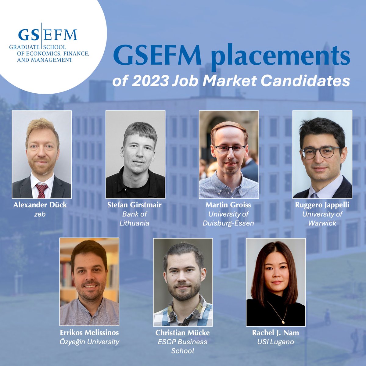GSEFM1's tweet photo. 💼 It has been a year since we introduced our 2023 Job Market Candidates - what are they up to now? 
These are our GSEFM #placements of 2024 - 
we wish all the best to our #graduates! 🎉
 
#Econtwitter #EconJobMarket #PhDGraduates #PhD #Alumni #Career https://t.co/QY5sYSI7Ng