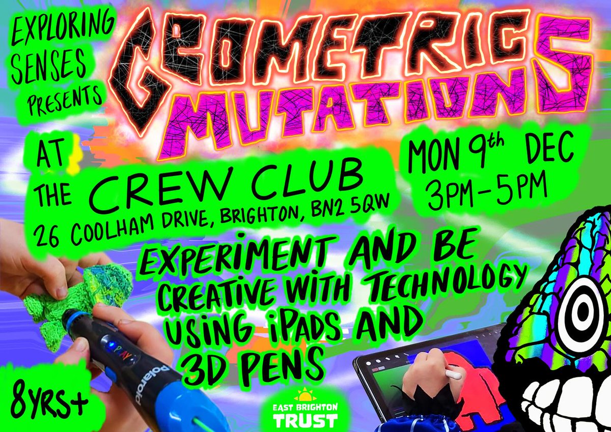 EBT_UK's tweet photo. ✨😀 We are delighted to fund the creative and fun Geometric Mutations workshops at The Crew Club!
✍️❣️They'll be back this afternoon from 3-5pm for more 3D fun.
#Exploringsenses #Crewclub #Eastbrighton #Creative https://t.co/BiU0jsHQGa
