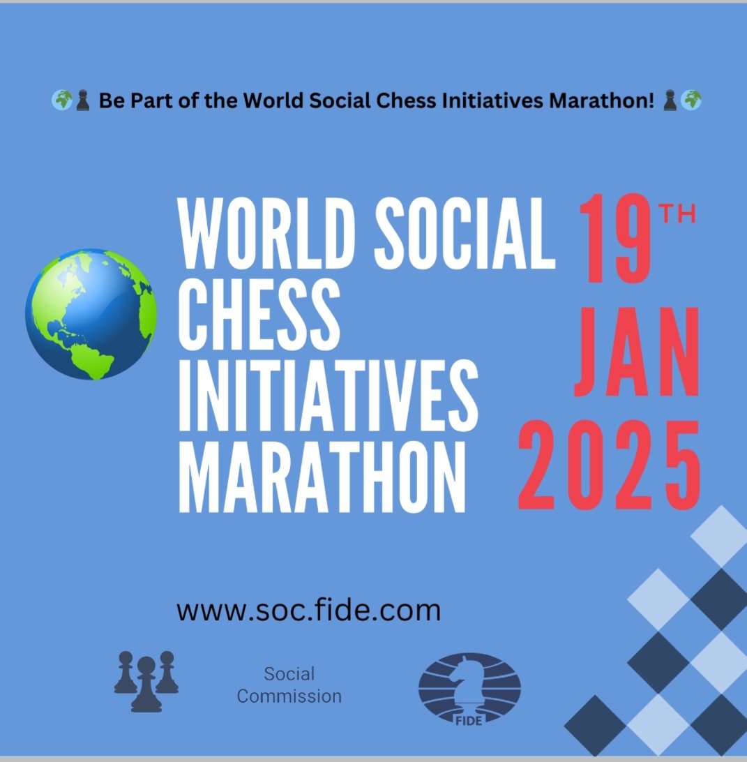 FIDESocialChess's tweet image. Get ready for something BIG! 🌍♟️ The World Social Chess Initiatives Marathon is coming on January 19th, 2025!

Stay tuned for more details dropping TONIGHT. Don’t miss it! 🔥 #SocialChess @FIDE_chess