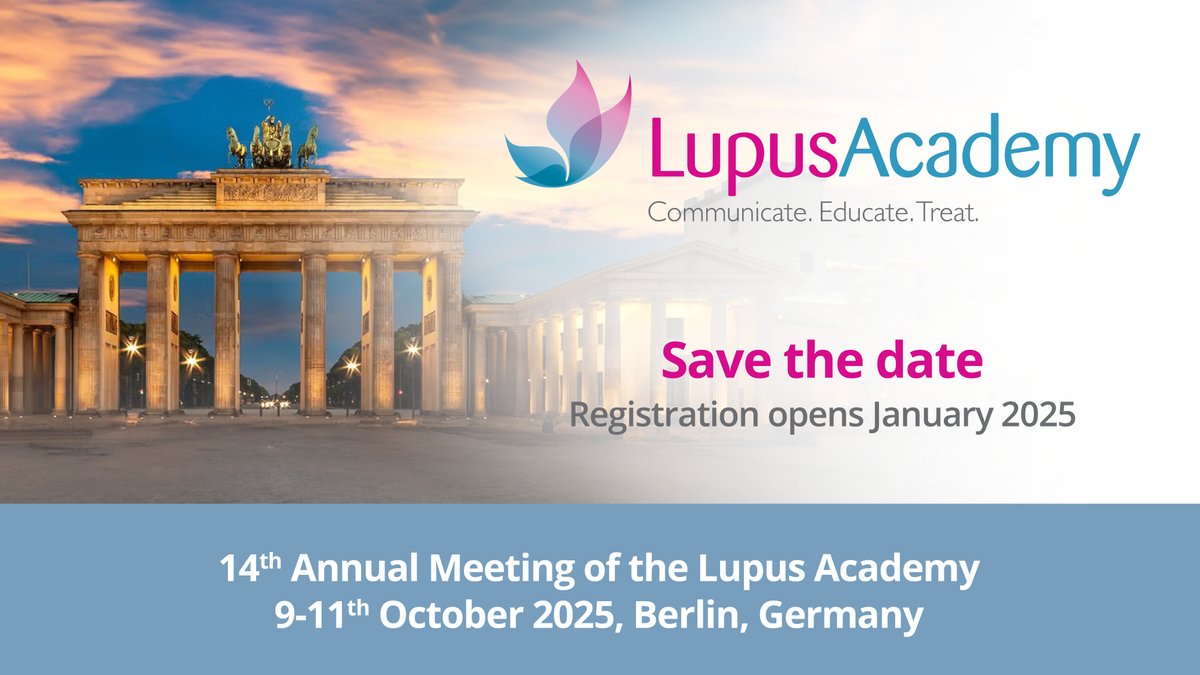 LupusAcademy's tweet photo. 📢Save the date! 📢
The 14th Annual Meeting of the Lupus Academy will take place from Thursday 9 October to Saturday 11 October 2025 in Berlin, Germany. The preliminary programme is available here: https://t.co/rRFGqxX09P
#lupus #SLE #RheumTwitter #autoimmune #MedEd https://t.co/DclpINHX6Z