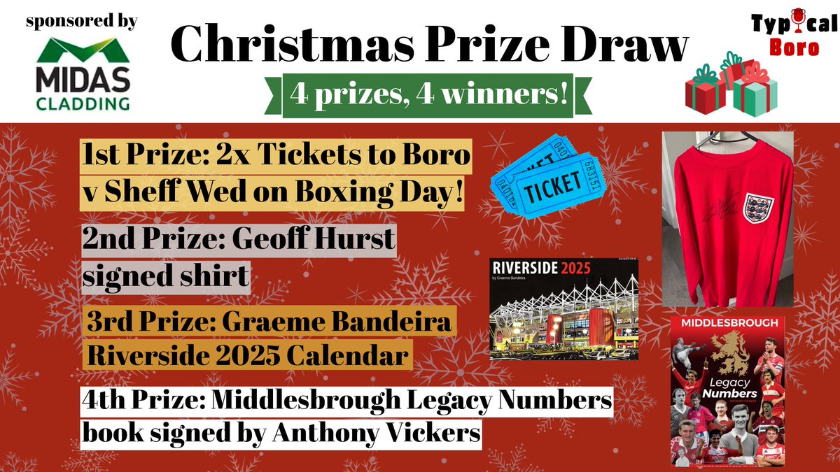 TypicalBoroPod's tweet photo. Typical Boro Christmas Prize Draw! 🎁 

For a chance to win one of 4 amazing prizes, give us a follow and repost this!

Entries close this Friday 13th December at 7pm. 

Thanks again to @Midas_Cladding for sponsoring the prize draw 🤩 https://t.co/C3f2A7Fxt5
