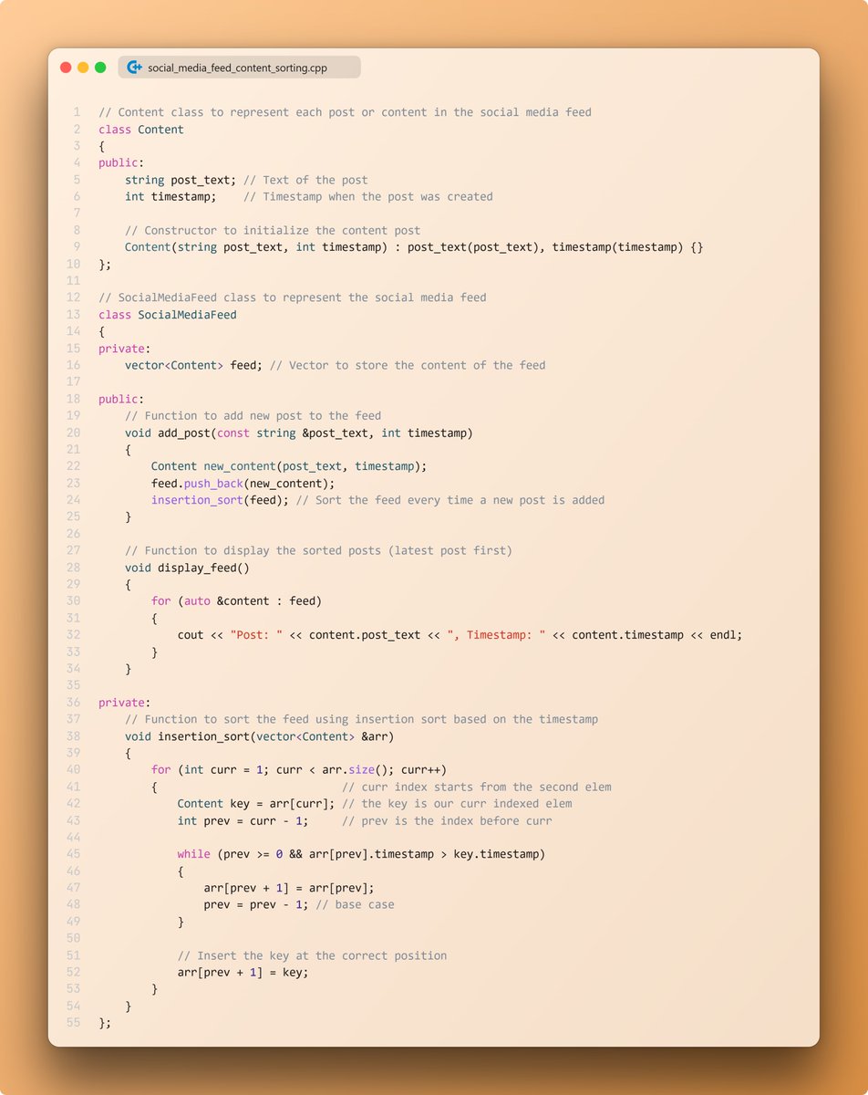 umerfayyaz_'s tweet photo. Daily Code Day 4: Created a SocialMediaFeed with Insertion Sort to display posts by timestamp. Add posts, sort them, and keep your feed fresh! ๐ป
For those who prefer coding to scrolling.
#Cplusplus | #SocialMediaFeed | #InsertionSort | #100DaysOfCode https://t.co/uKgmoen7eq