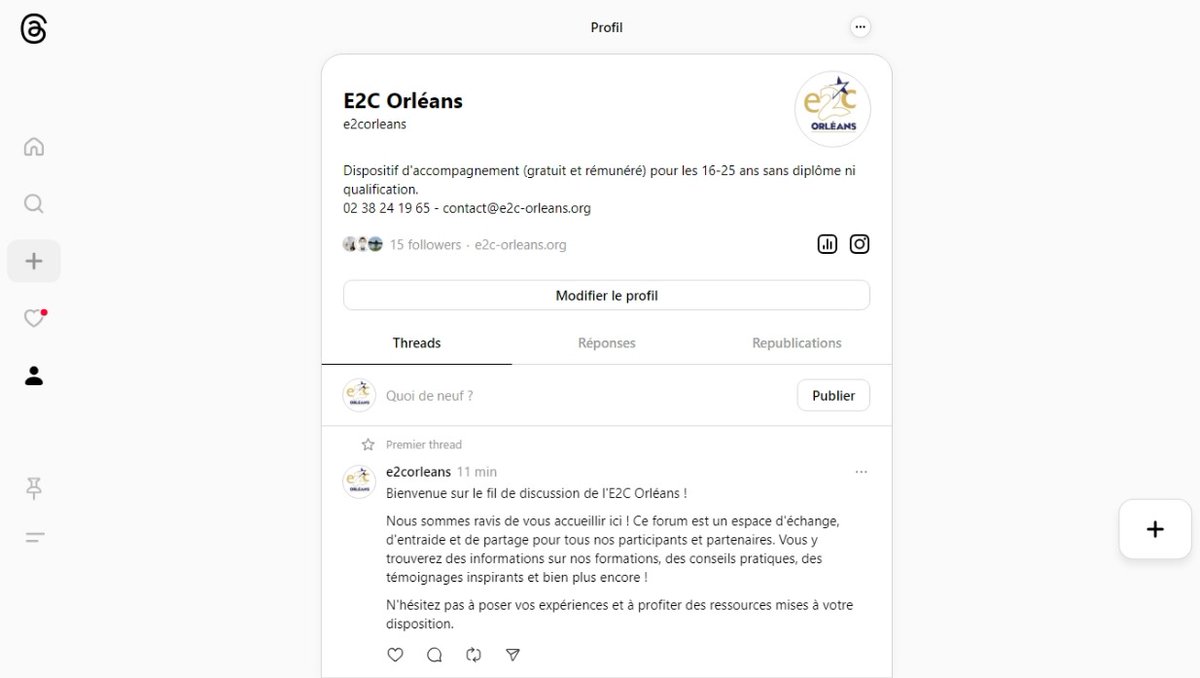 🚀Vous cherchez à booster votre parcours professionnel ? Rejoignez-nous sur Threads pour des conseils pratiques, des témoignages motivants et des infos exclusives sur nos formations ! 💬Cliquez et suivez-nous ! 🔥#E2COrléans #Formation #NouvelleAventure 
Threads : e2corleans