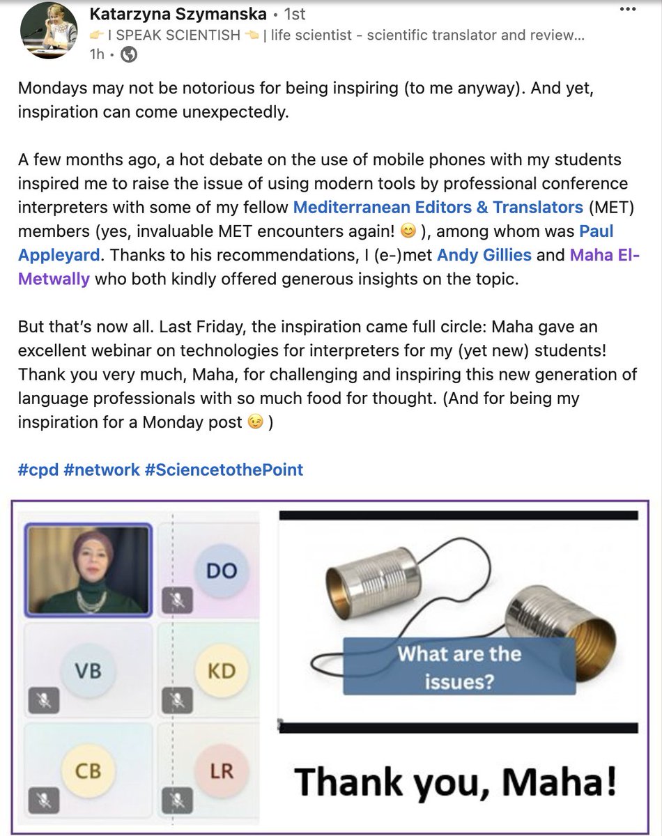 Maha El-Metwally مها المتولي (@mahaelmetwally) on Twitter photo It was my pleasure to interact with the students of interpreting at the Université Lumière Lyon 2 <a href="/univ_lyon2/">Université Lumière Lyon 2</a>. Many thanks to Katarzyna Szymanska for the kind invitation and the warm welcome and thanks of course to Paul Appleyard for connecting us.
#tech4terps It was my pleasure to interact with the students of interpreting at the Université Lumière Lyon 2 <a href="/univ_lyon2/">Université Lumière Lyon 2</a>. Many thanks to Katarzyna Szymanska for the kind invitation and the warm welcome and thanks of course to Paul Appleyard for connecting us.
#tech4terps