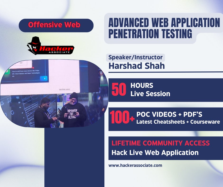 harshad_hacker's tweet image. 🚀 𝐋𝐢𝐯𝐞 𝐖𝐞𝐛 𝐀𝐩𝐩 𝐏𝐞𝐧𝐭𝐞𝐬𝐭𝐢𝐧𝐠 | Hacking Live Server by Hacker Associate 🔥 @harshad_hacker
💻 50+ Hours of in-depth training
📚 120+ Modules covering advanced techniques
🎯 Live #hacking sessions on real servers
📹 100+ POC Videos + Comprehensive PDFs…