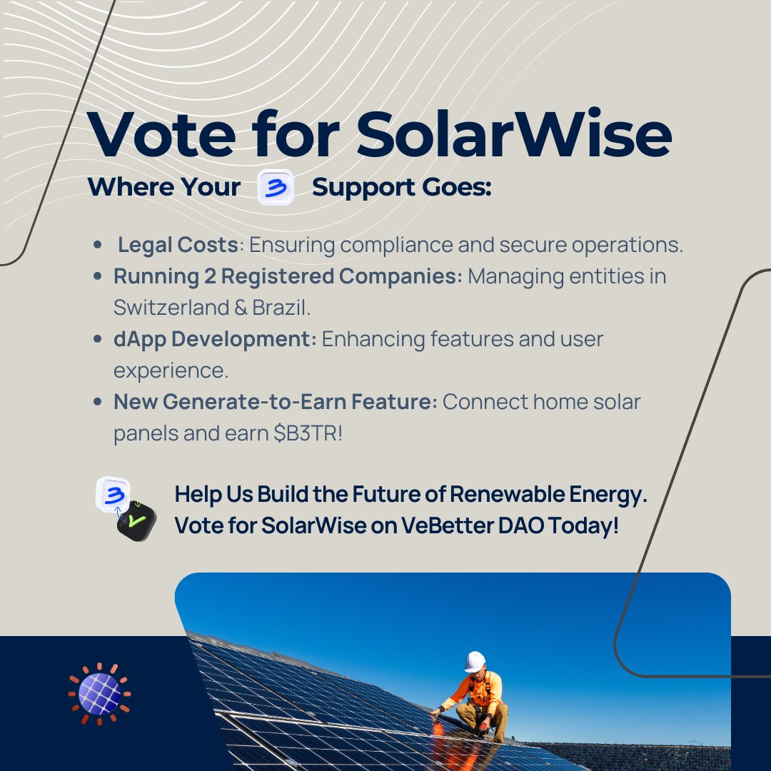 TheSolarWise's tweet photo. ๐ Power the Future with Your Vote!
Support SolarWise on #VeBetterDAO and help us launch Generate-2-Earn:
๐ก Connect Home Solar Panels
โก Earn $B3TR Weekly
๐ฟ Make Renewable Energy Rewarding
๐ Vote now & drive sustainability forward!
#SolarWise #GenerateToEarn #VeFam https://t.co/ldq2buSNFc
