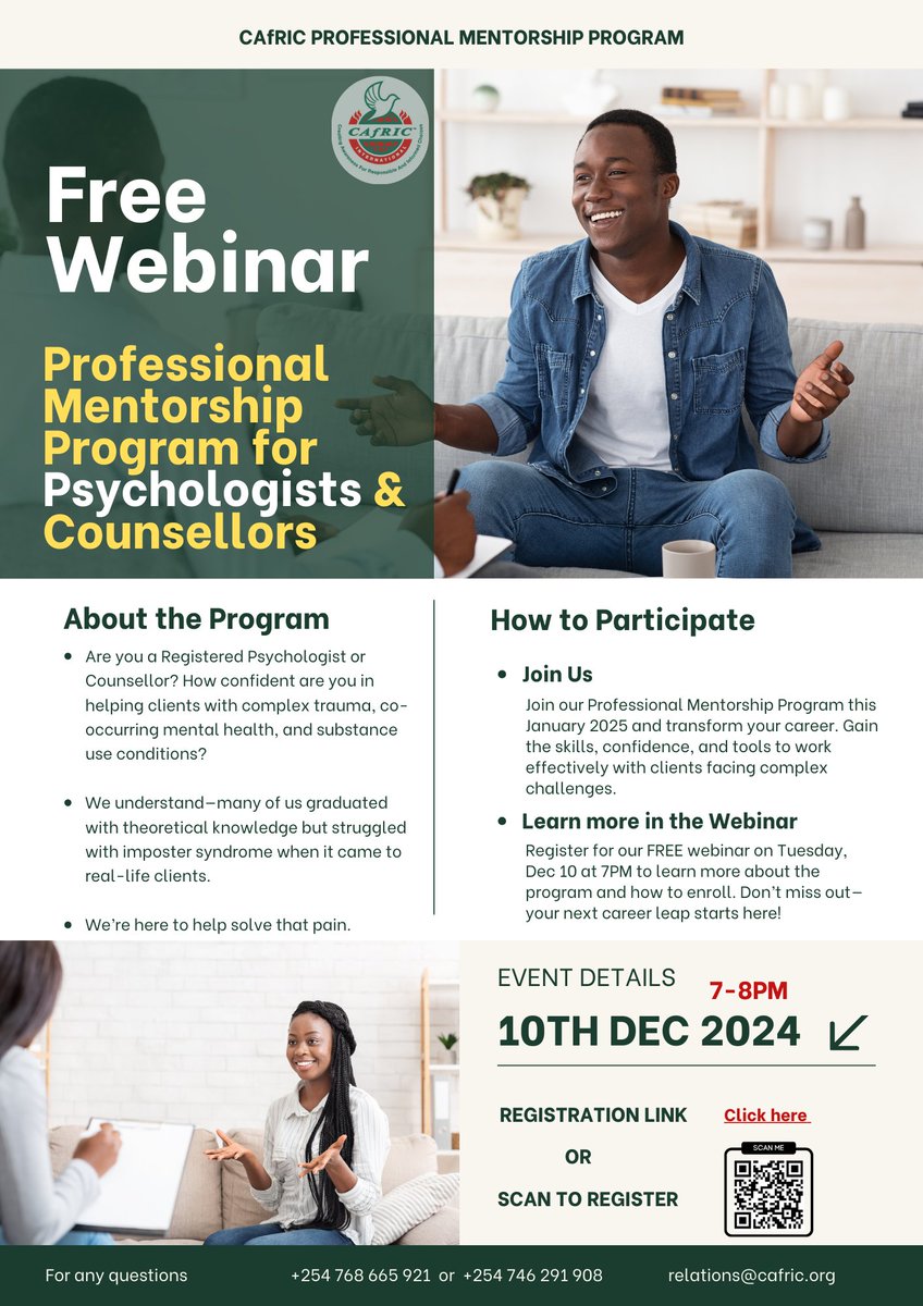 CAfRICCentre's tweet photo. Are you a psychologist or counselor navigating complex trauma, co-occurring mental health, or substance use cases? Struggling to bridge theory into practice? We get it. Join our free webinar for mentorship to boost your confidence and skills. Register now: https://t.co/ybWPYxrgws https://t.co/FwuFXyYbGx
