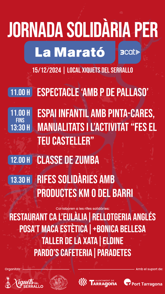 🫁 Aquest diumenge omplirem el local d'activitats solidàries per <a href="/la_marato/">La Marató de 3Cat</a> ! 

🩻 Aquí hi trobaràs més informació 👇🏻xiquetsdelserrallo.cat/2024/12/09/el-…
#lamarató3cat