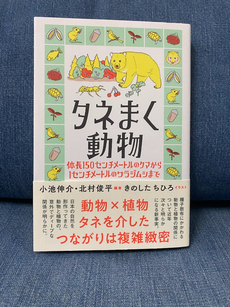北村俊平さんから『タネまく動物』ご恵贈いただきました（おつかいしてくれた学生さんにも感謝）！　種子散布、興味あるつもりで生きてたけど、知らない話だらけ……。きのしたさんのイラストもあいかわらず抜群です！