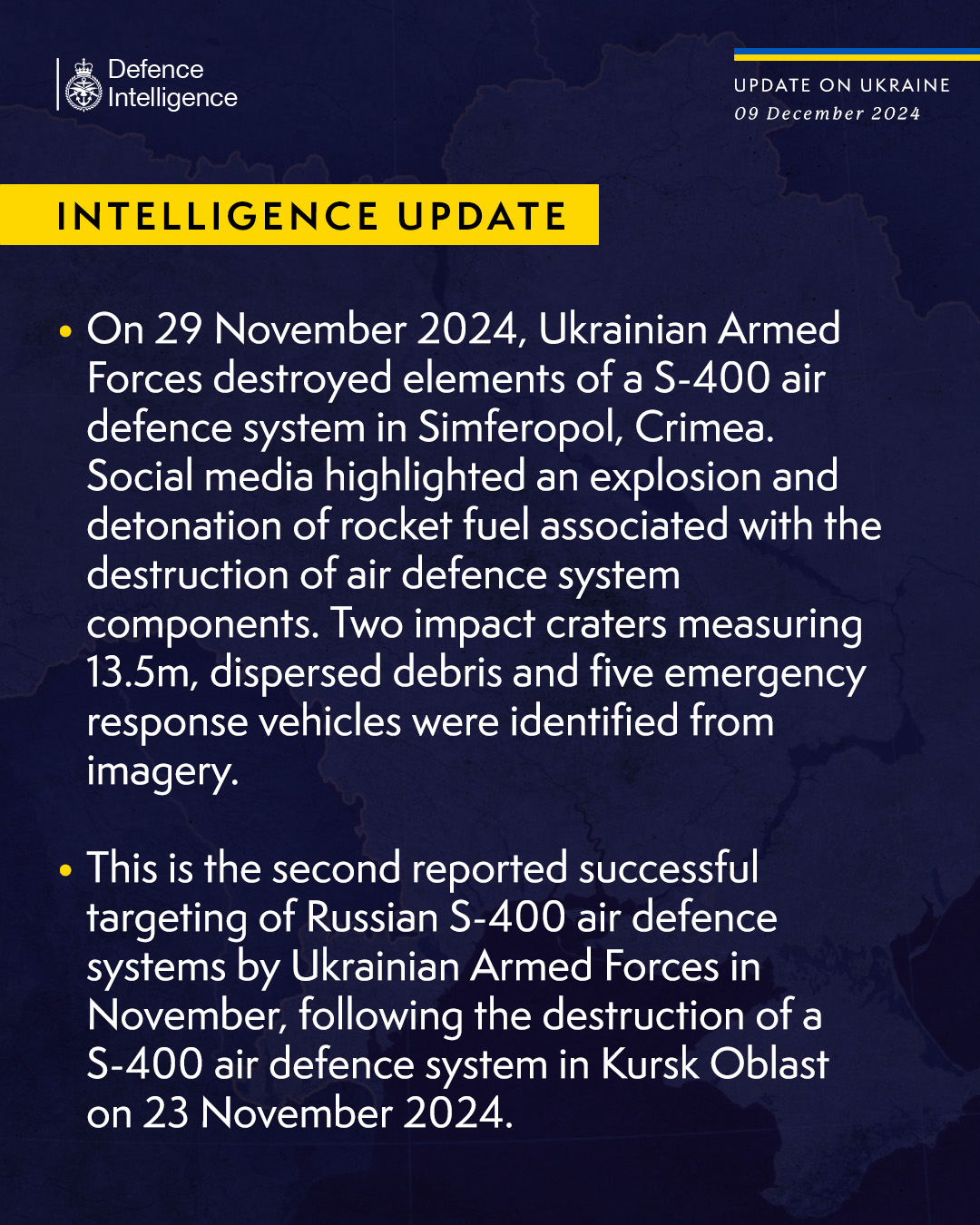 On 29 November 2024, Ukrainian Armed Forces destroyed elements of a S-400 air defence system in Simferopol, Crimea. Social media highlighted an explosion and detonation of rocket fuel associated with the destruction of air defence system components. Two impact craters measuring 13.5m, dispersed debris and five emergency response vehicles were identified from imagery.