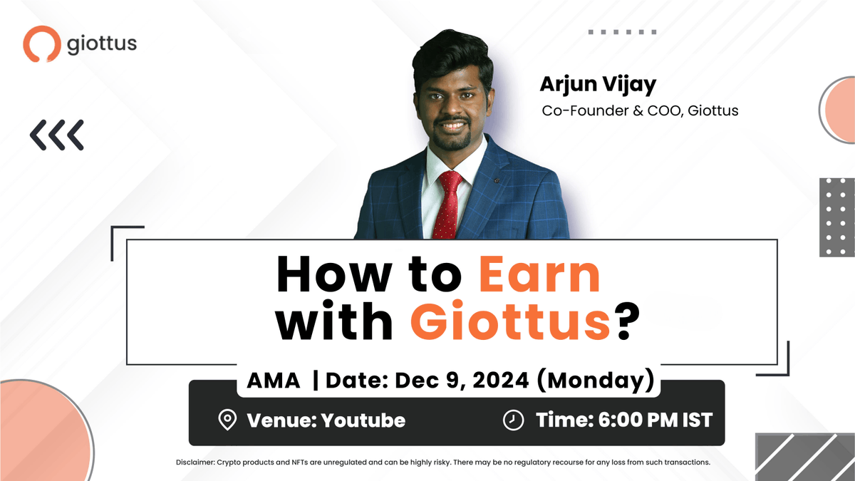 💼 Want to earn with Giottus? Catch Arjun Vijay, Co-Founder & COO, in a  live AMA session. 💰 📅 Today | 🕕 6:00 PM IST | 📍 YouTube Gain exclusive  tips &