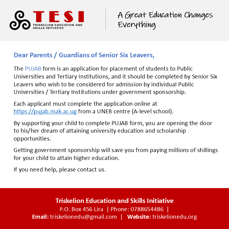 From: Triskelion Education and Skills Initiative 
To: Parents &amp; Guardians of S.6 leavers 
Re: #PUJAB form