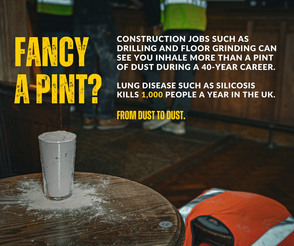 The Maths Behind the Pint of Dust

50 mg dust/m³ in uncontrolled spaces.
0.5 m³ air/hour breathed during work.
40-hour weeks, 40-year career = nearly 2 kg dust inhaled (1.28 pints).

Far less can cause silicosis or COPD. Protect workers with dust control.

#DustKills