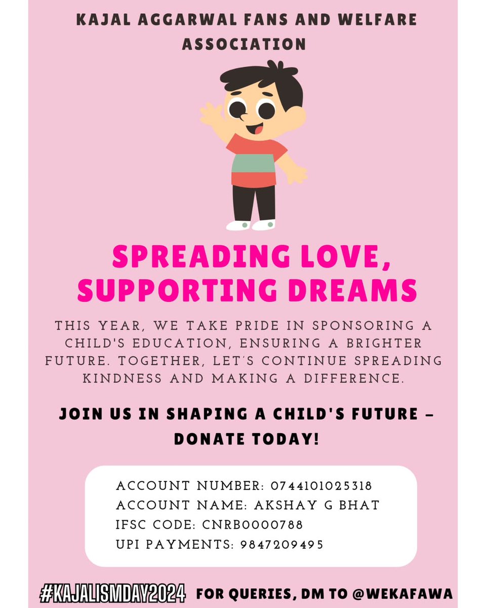 biasedbanti's tweet photo. 1β£1β£ days to World #KajalismDay2024 π₯
For #KajalismDay, Kajal fans From Team @wekafawa are planning to sponsor children education for an year β€οΈ
#Kajalions #KajalAggarwal #Kajalism
https://t.co/YCxTiLaxyG https://t.co/e6SLZo4Xny