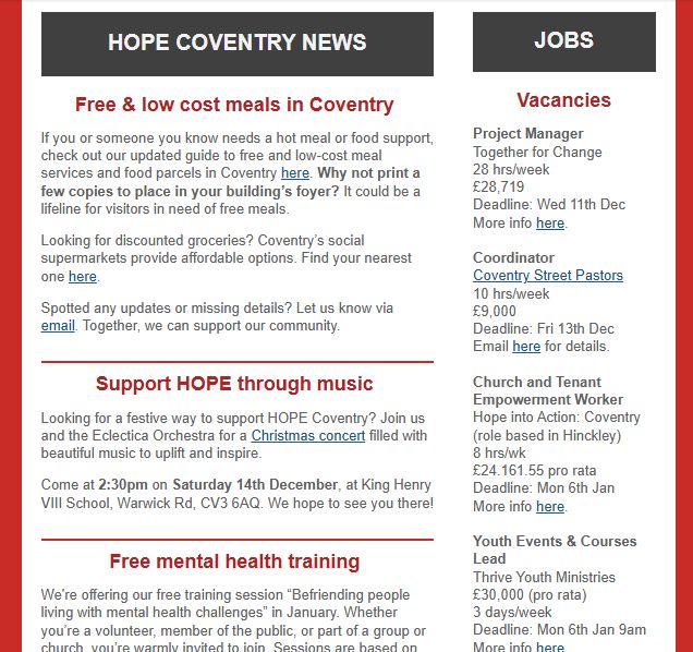 #Coventry events are here for you! See today's new HOPE Coventry newsletter here: tinyurl.com/Dec24HC