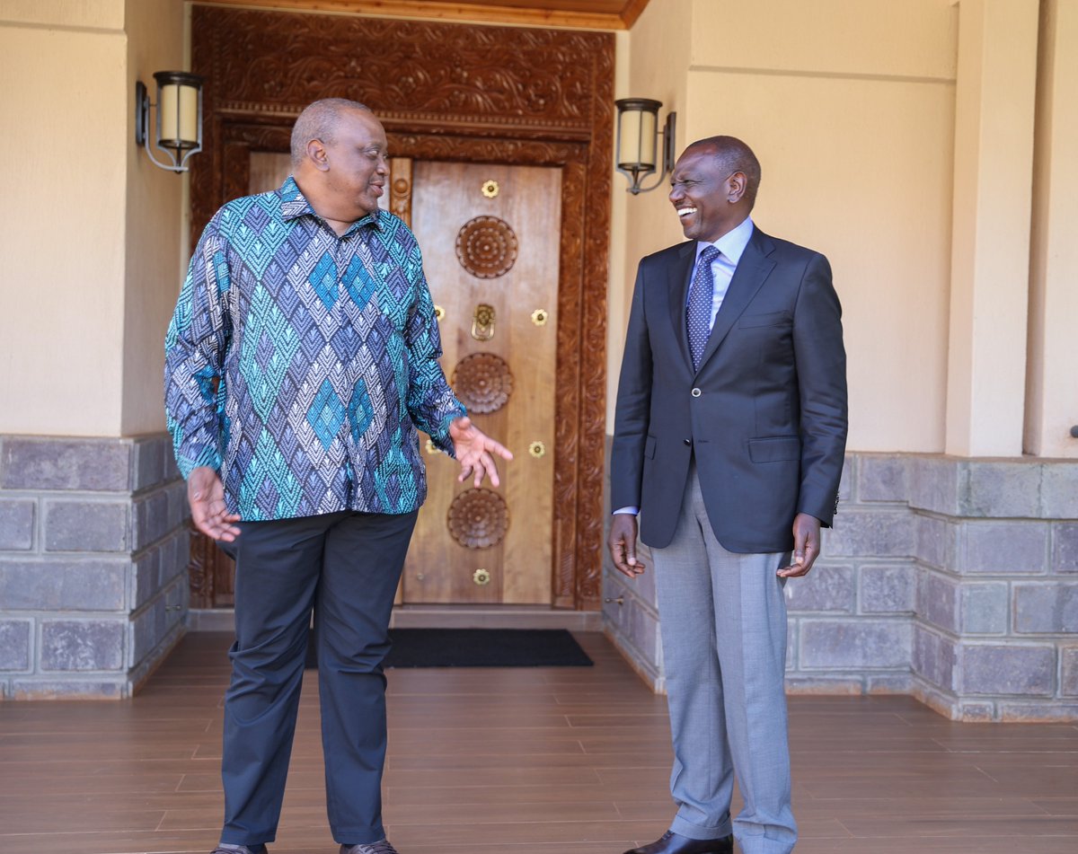 President William Ruto sharing a light moment with Uhuru Kenyatta at his Gatundu home after discussing matters of national interest.