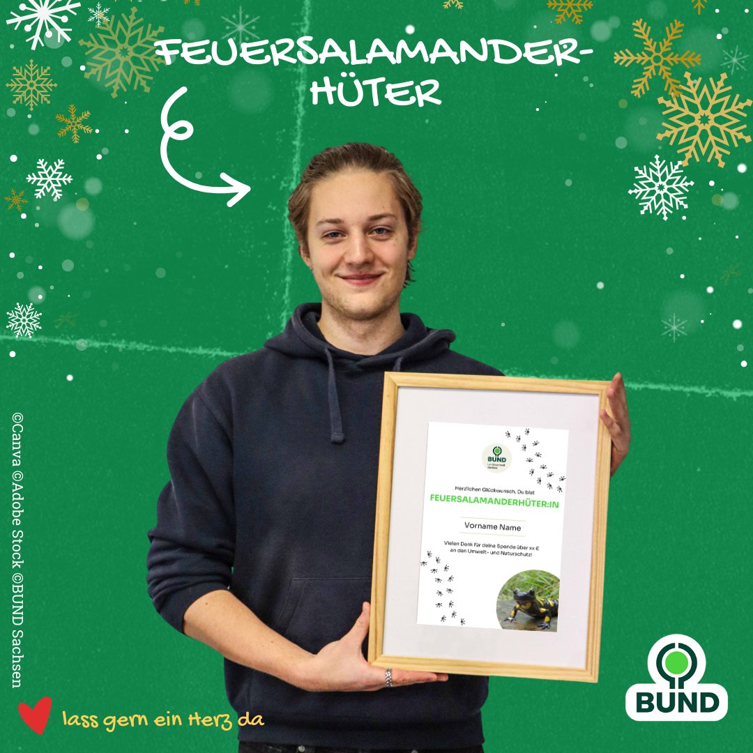 Der Feuersalamander braucht Dich! 🦎💚

Auf der Suche nach einem sinnvollen #Weihnachtsgeschenk? 🎁 Unterstütze mit einer Spende den Schutz von Arten, Lebensräumen und dem #Klima – und mach deine Liebsten z.B. zur „Feuersalamanderhüterin“! 🌳🌍

👉 Jetzt spenden – Link in  Bio.
