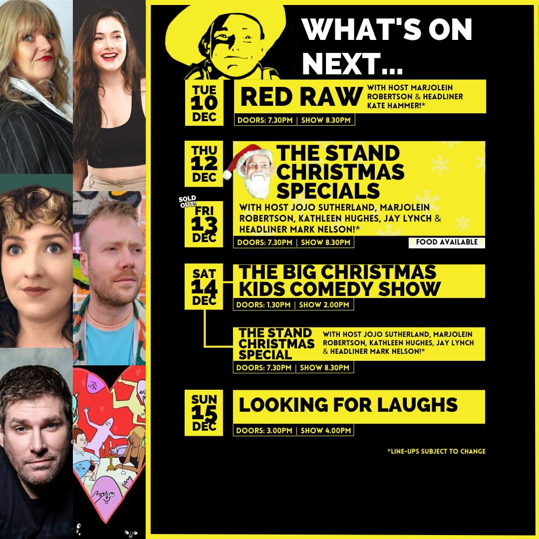What's on this week...

Our Christmas Specials start on Thursday and with Friday already SOLD OUT, Thursday and Saturday are  close! secure your tickets now to avoid disappointment! 
thestand.co.uk/whats-on/glasg…

#whatsonglasgow #standcomedyclub