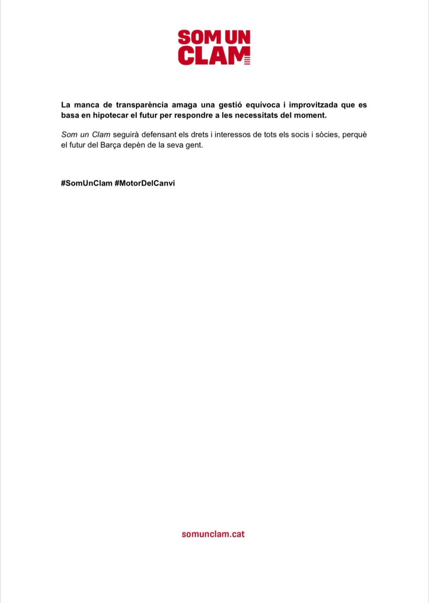 📢 Participació i transparència al Barça, ja!

La falta d'explicacions i de debat real estan hipotecant el futur del Club. Assemblees telemàtiques, participació mínima i moltes preguntes sense respostes.

🔎 Exigim:
✅ Convocatòries clares i amb temps.
✅ Assemblees presencials