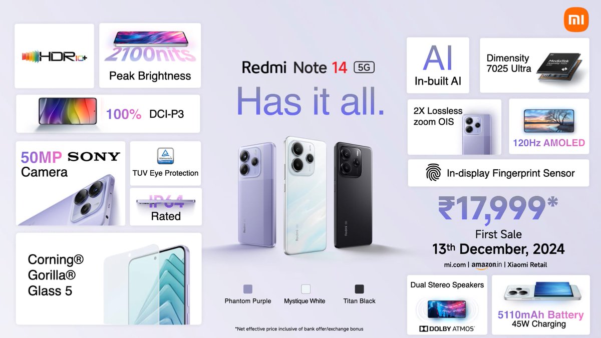 techforconsumer's tweet image. Redmi Note 14 5G 
- MediaTek Dimensity 7025 Ultra
- 6.67&quot; Flat AMOLED, FHD+, 120Hz, 2100nits, GG5
- 50MP Sony LYT-600, OIS + 8MP Ultrawide + 2MP Macro
- 20MP Selfie
- 5110mAh, 45W
- In-display fingerprint sensor
- Dual Stereo Speakers with Dolby Atmos,
- Android 14, HyperOS 1.0