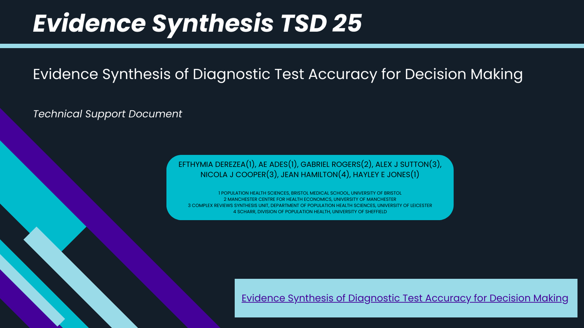 NEW TSD25 Evidence synthesis of diagnostic test accuracy for decision  making. Covers: implementing bivariate/HSROC model &amp; meta-analysis  across explicit thresholds (with a focus on Bayesian estimation), using  results in a decision model, inc estimating the optimal threshold