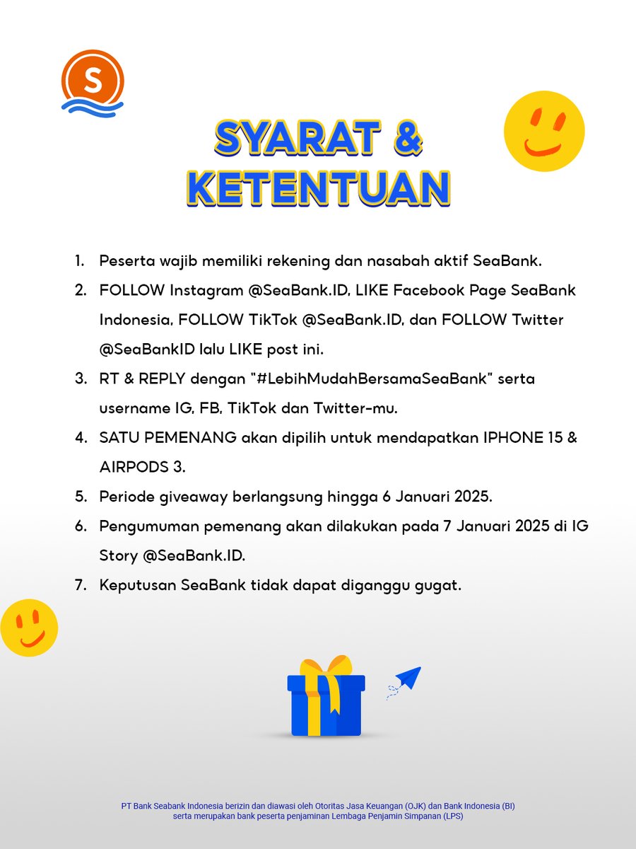 DAPATKAN: IPHONE 15 &amp; AIRPODS 3RD GENERATION! ☘️
#LebihMudahBersamaSeaBank

Caranya cuma:
1. FOLLOW SEMUA media sosial SeaBank
2. LIKE &amp; RT Tweet ini
3. REPLY "LEBIH MUDAH BERSAMA SEABANK" serta semua username media sosial kamu
4. TAG TEMAN KAMU

CEK di slide ke 2! ✨