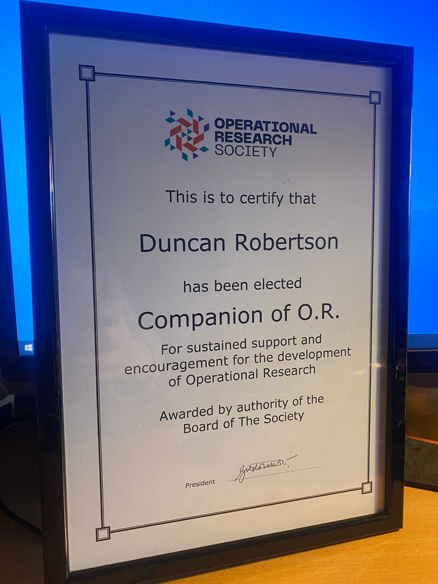 I was honoured to accept the award of Companion of Operational Research from the Operational Research Society at a ceremony held at the Royal Society.

Thank you to the Presidents past and elect of the Society who were members of the Awards Committee.