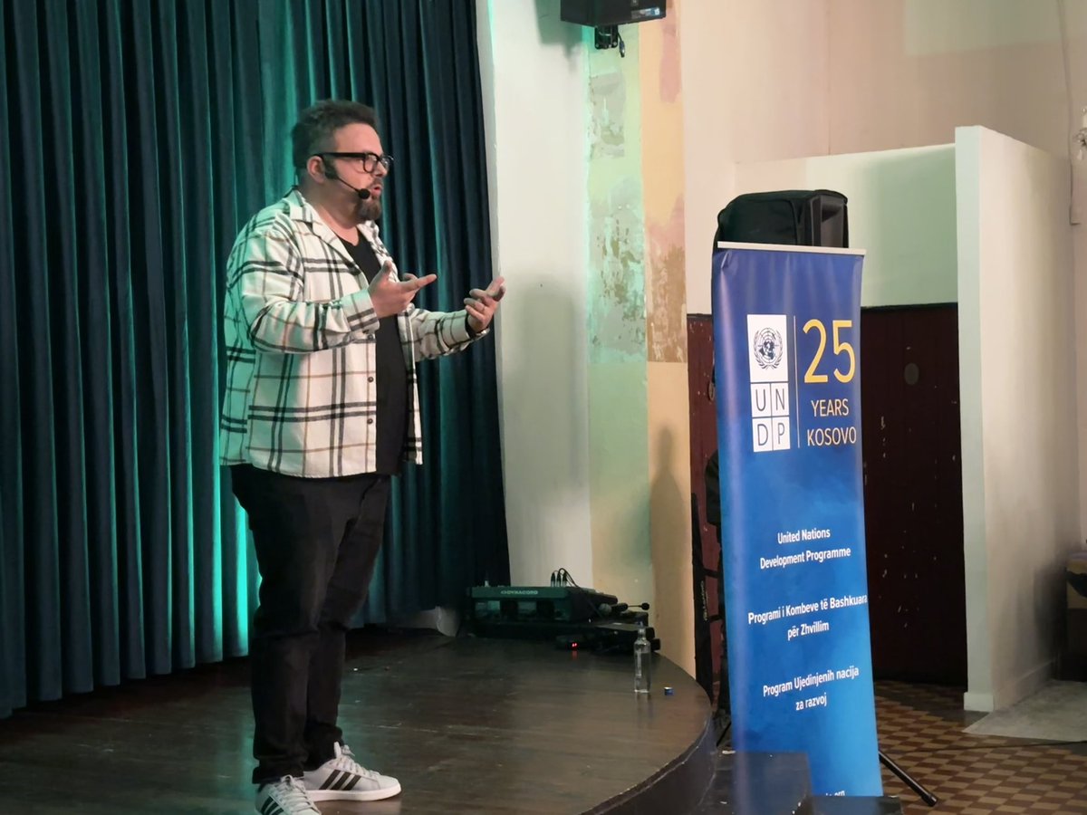 UNDP_Kosovo's tweet photo. Comedy with a cause! 🎭 Last night, #16DaysOfActivism brought powerful reflections as Edon &amp; Meti tackled gender-based violence with wit, humor &amp; a purpose - to drive change. 🧡 #EndGBV https://t.co/r1Xs07wos2