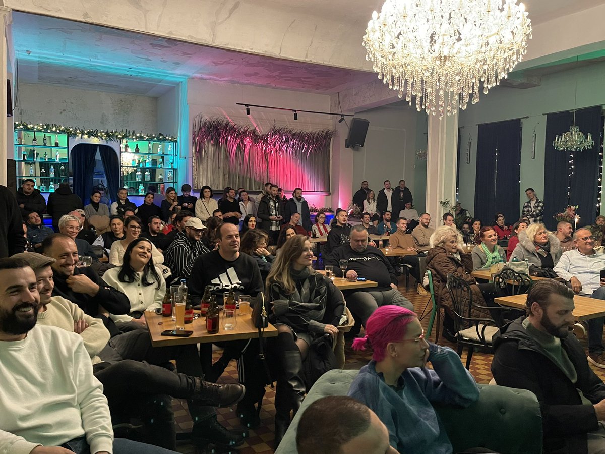 UNDP_Kosovo's tweet photo. Comedy with a cause! 🎭 Last night, #16DaysOfActivism brought powerful reflections as Edon &amp; Meti tackled gender-based violence with wit, humor &amp; a purpose - to drive change. 🧡 #EndGBV https://t.co/r1Xs07wos2