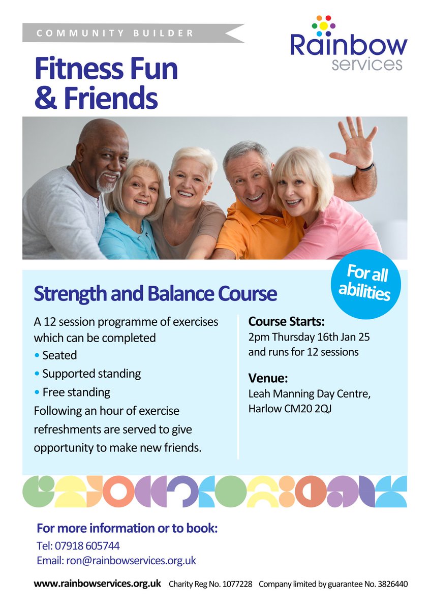 Do you want to improve your strength and balance in the New Year?   Why not join us for our new 12 week programme, starting on the 16th Jan.  This is a friendly group suitable for all abilities.  Booking is essential so please get tin touch if you are interested.
#WeAreRainbow