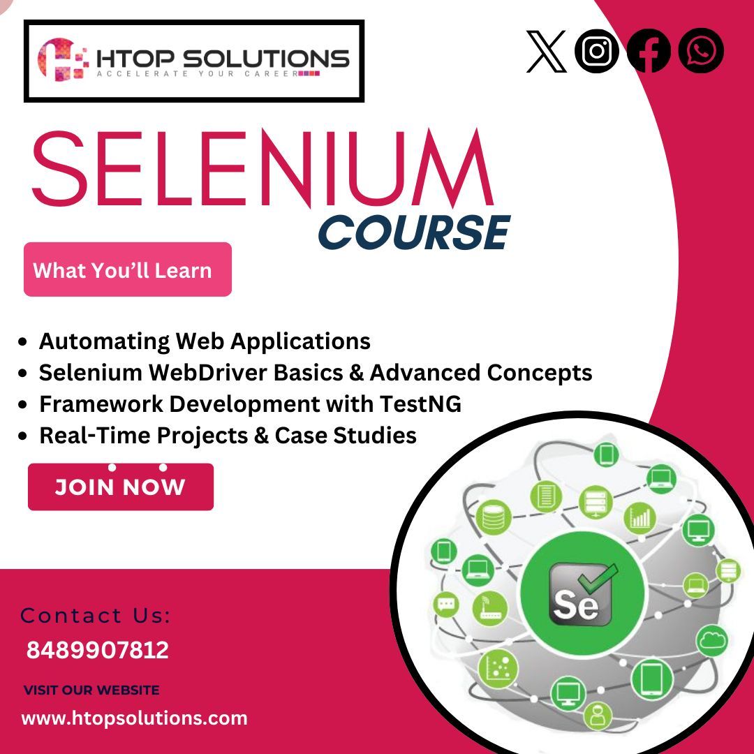 htop_online's tweet image. Master Selenium with HTop Solutions!
Call us at 8489907812 with any queries Or send the mail to info@htopsolutions.com
#SeleniumTraining #AutomationTesting #CareerGrowth #LearnWithHTop #HTopSolutions #Chennai #SeleniumWebDriver