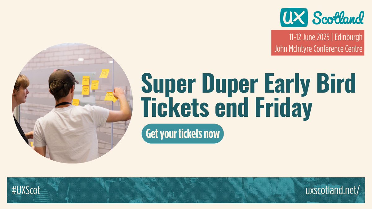 We're back in 2025 for our 10th anniversary edition on 11-12 June for two days of hands-on learning and community.

We bring together designers, researchers and other user-centred professionals to learn, share and connect.

Get your tickets now: uxscotland.net/tickets