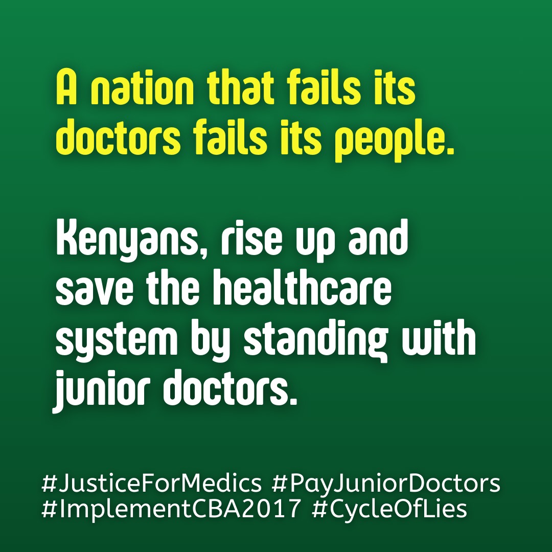 On Wednesday the 11th of December, junior doctors will converge at Afya House for #OccupyMOH season 4, to demand for their payment as per the CBA 2017 rates. We urge all Kenyans of good will to join us in pushing for our right to fair pay.
#implementCBA2017
#JusticeForMedics