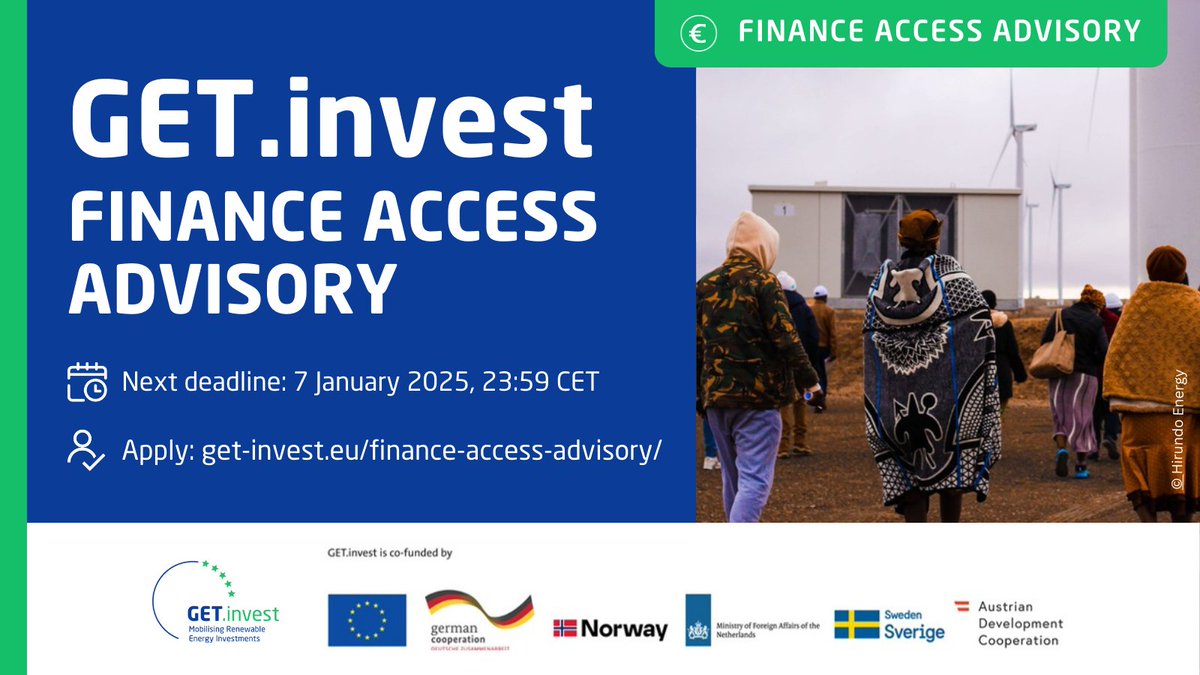 GET_invest's tweet photo. 📢 Call for #applications! A new cycle for the @GET_invest #FinanceAccessAdvisory is starting today, running until 7 January 2025. Check the eligibility criteria &amp; submit your proposal to receive finance access support for your #CleanEnergy project ➡️ https://t.co/YuL0e89tdl https://t.co/x0PsI4r6Ue