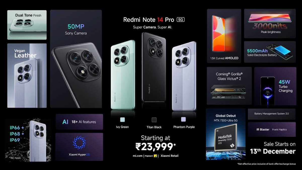 techforconsumer's tweet image. Redmi Note 14 Pro 5G
- MediaTek Dimensity 7300 Ultra
- 6.67&quot; Curved AMOLED, 1.5k, 120Hz, 3000nits, GGV2
- 50MP Sony LYT-600, OIS + 8MP Ultrawide + 2MP Macro
- 20MP Selfie
- 5500mAh Silicon carbon battery, 45W
- In-display fingerprint sensor
- Android 14, HyperOS 1.0