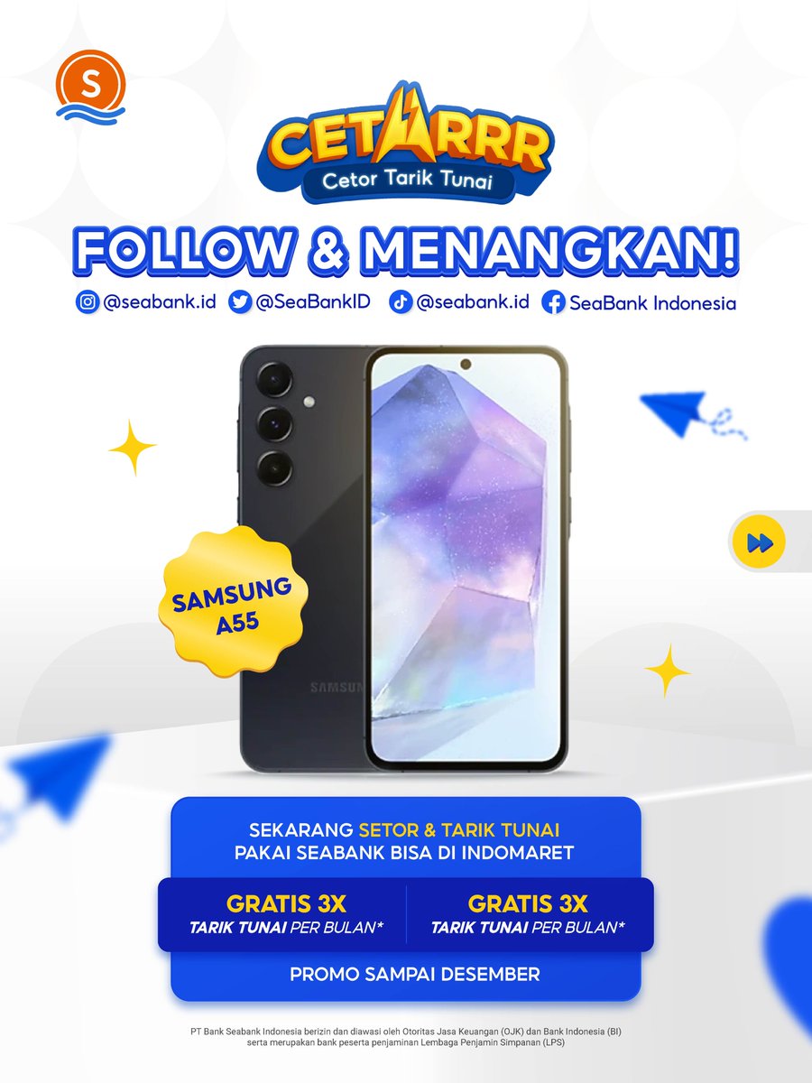SeaBankID's tweet photo. GIVEAWAY SPESIAL: SAMSUNG A55 🙌

Caranya:
1. FOLLOW TWITTER @SEABANKID &amp; INSTAGRAM @SEABANK.ID
2. LIKE &amp; RT Tweet ini
3. REPLY "SEABANKCETARRR" serta username IG mu
4. TAG TEMAN!

Selengkapnya CEK slide 2! 💋 https://t.co/3ziXhen9HS