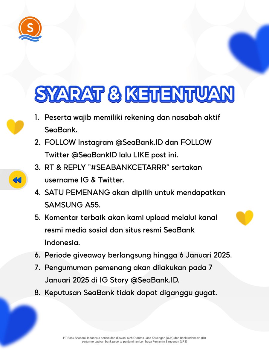 GIVEAWAY SPESIAL: SAMSUNG A55 🙌

Caranya:
1. FOLLOW TWITTER @SEABANKID &amp; INSTAGRAM @SEABANK.ID
2. LIKE &amp; RT Tweet ini
3. REPLY "SEABANKCETARRR" serta username IG mu
4. TAG TEMAN!

Selengkapnya CEK slide 2! 💋