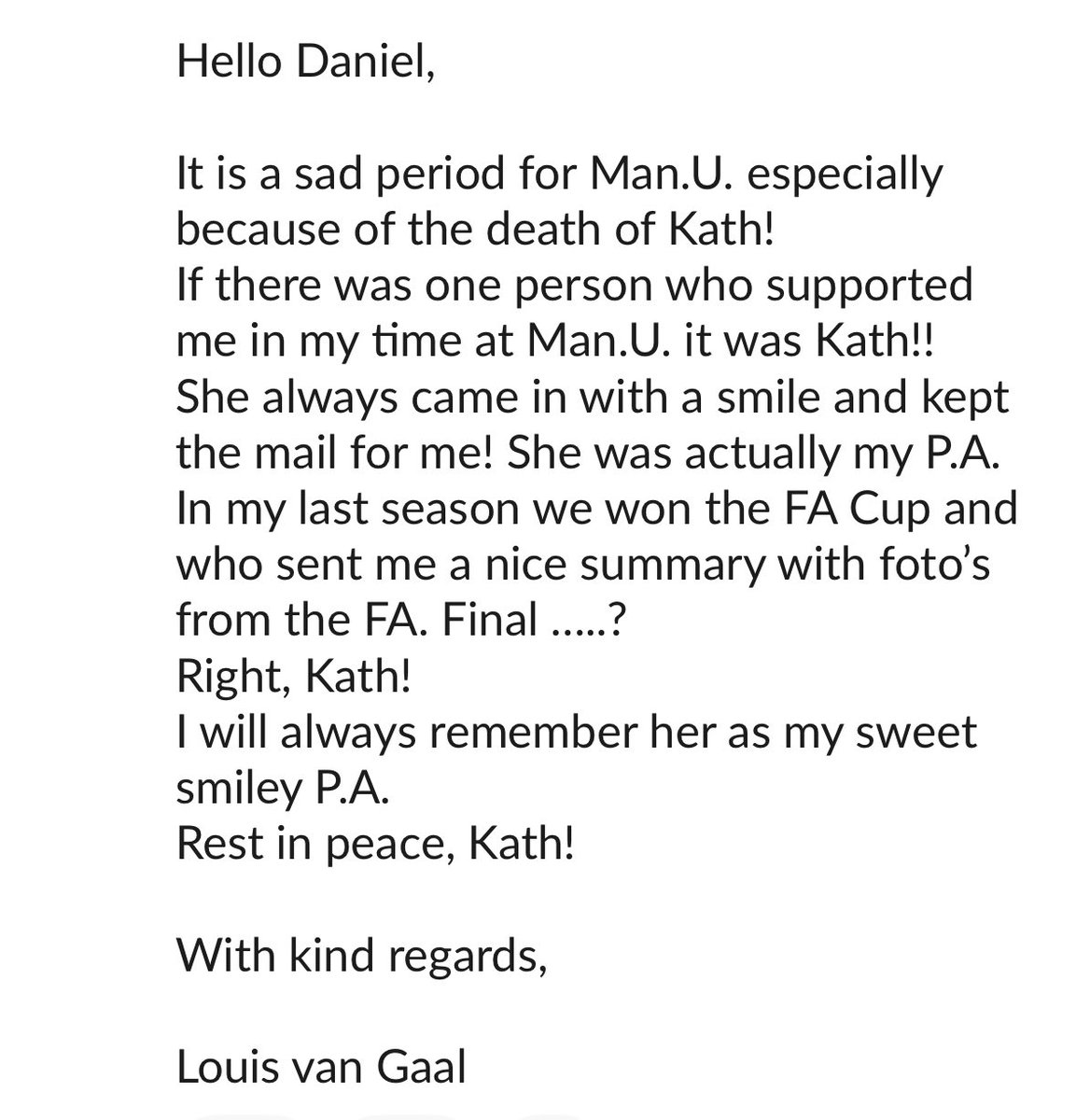 Lovely email from Louis van Gaal this morning after <a href="/TheAthleticFC/">The Athletic | Football</a> feature (see below) on Kath Phipps at the weekend.