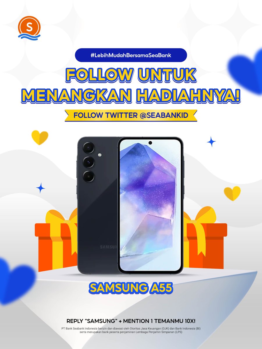 PERBESAR KESEMPATAN BAWA PULANG HADIAH SPESIAL! 👊🏻

FOLLOW TWITTER @SEABANKID &amp; TIKTOK @SEABANK.ID dan dapatkan kesempatan bawa pulang SAMSUNG A55!

REPLY "SAMSUNG" + MENTION 1 TEMANMU 10X!