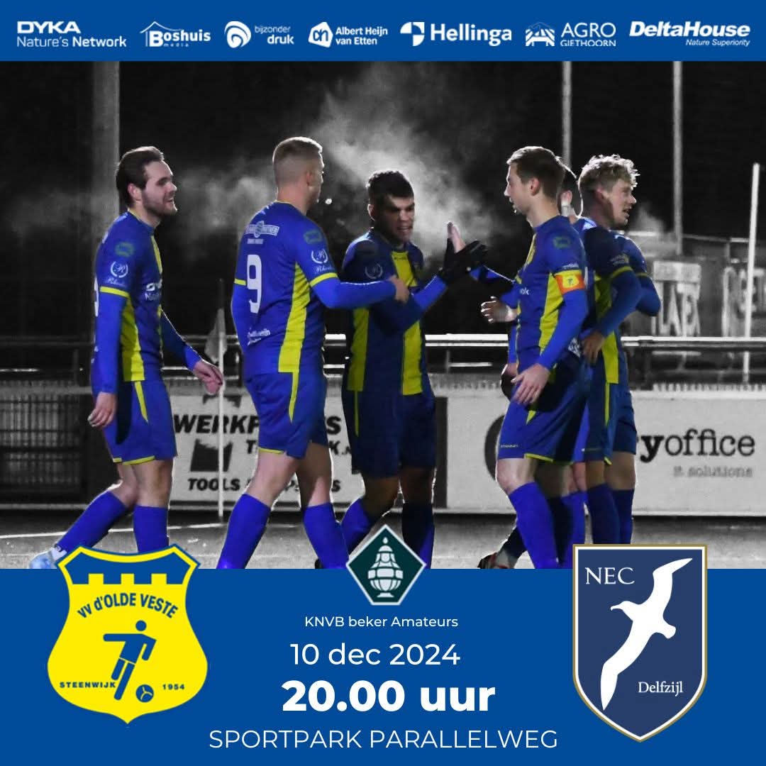 𝗔𝗮𝗻𝗸𝗼𝗻𝗱𝗶𝗴𝗶𝗻𝗴 𝗞𝗡𝗩𝗕 𝗯𝗲𝗸𝗲𝗿 𝗡𝗼𝗼𝗿𝗱
𝘃𝘃 𝗱'𝗢𝗹𝗱𝗲 𝗩𝗲𝘀𝘁𝗲 '𝟱𝟰 - 𝗡𝗘𝗖 𝗗𝗲𝗹𝗳𝘇𝗶𝗷𝗹

Na een heerlijke voetbalzaterdag staat  dinsdagavond de bekerwedstrijd op het programma tegen NEC Delfzijl.
* aanvang  20:00u 
* sportpark Parallelweg. 
Welkom!