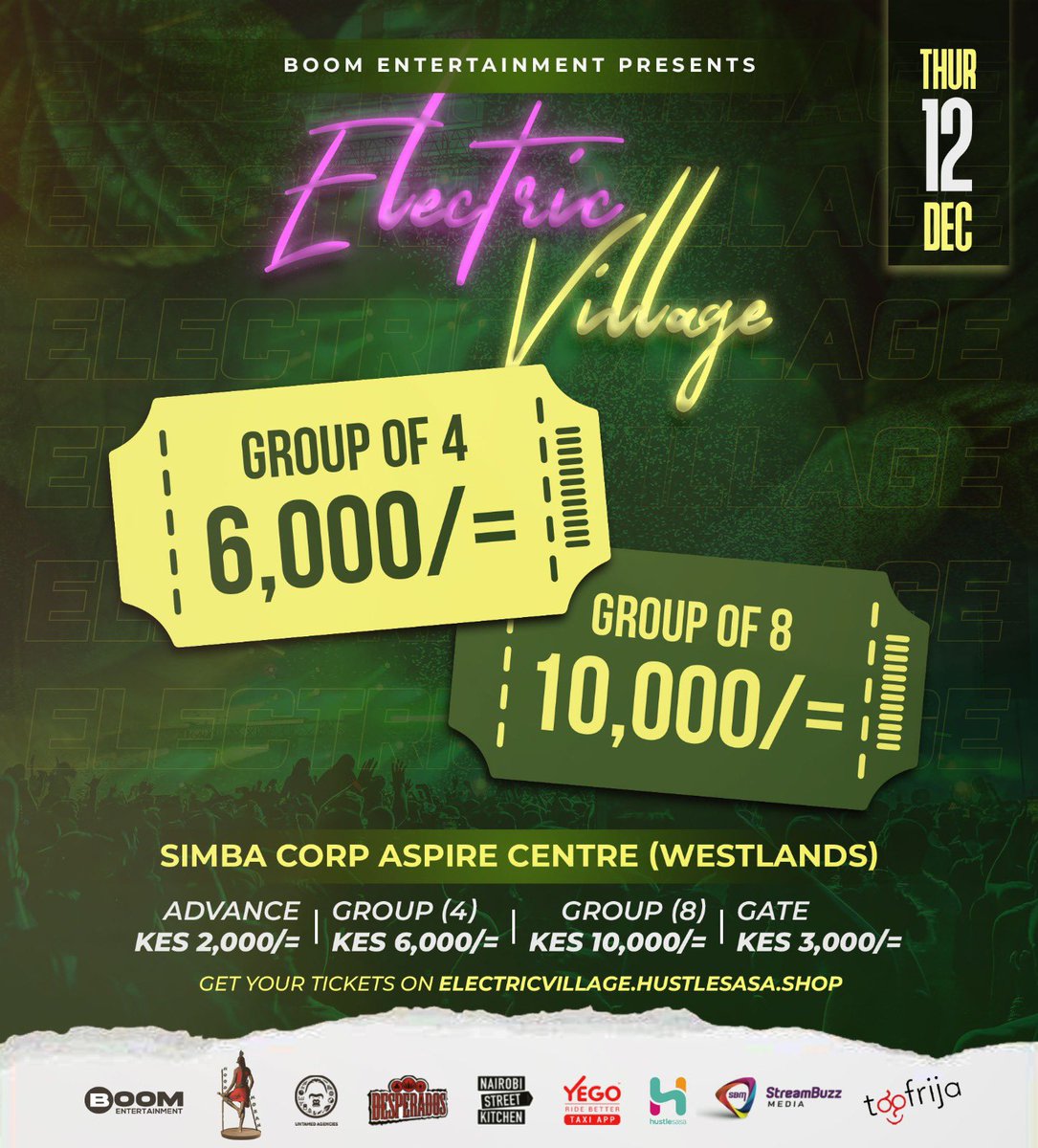 ElectricVillage's tweet photo. Group Tickets Now Available! 🎫

This Jamhuri Day (12th Dec), catch @keyloud.music 🇦🇹 at Electric Village! 🌟

💥 Group Deals:
•4 tickets: 6000 KSH

•8 tickets: 10,000 KSH

Gate: 3000 KSH

🎟: @Hustle_Sasa 
 📍: Aspire Centre Rooftop | 2 PM - Late

#ElectricVillage https://t.co/shyABLvV0m