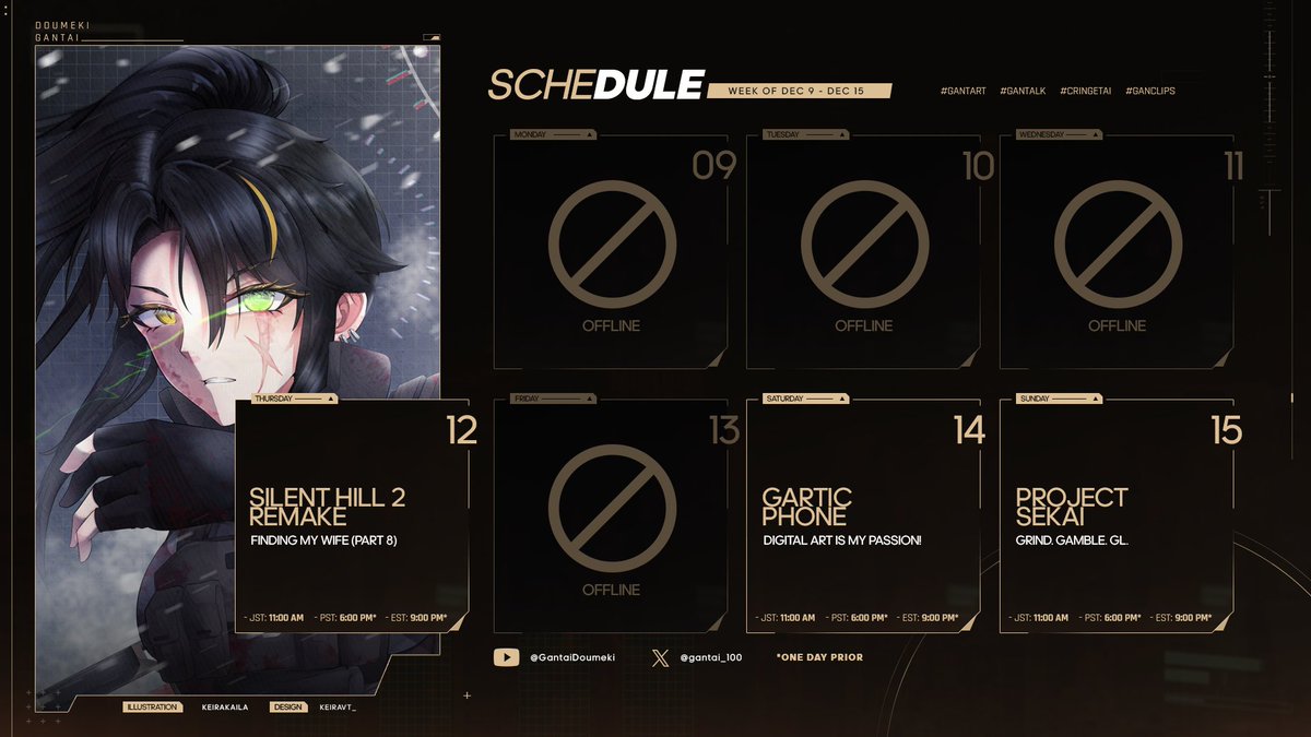 gantai_100's tweet photo. 💯 SCHEDULE FOR 9 DEC - 15 DEC 💯
⁍ GENERAL: #GantaiDoumeki
⁍ LIVE: #gantalk
⁍ FANART: #gantart
⁍ MEMES: #cringetai
⁍ CLIPS: #ganclips
⁍ ART: @/_keirakaila https://t.co/6OiwrwhcOb