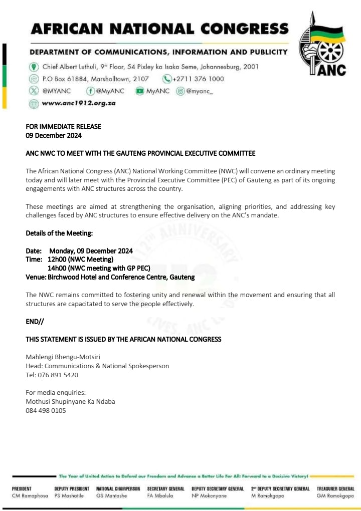 BOOM BOOM BOOM 💥💥 

The day has FINALLY arrived. The ANC NWC will meet with Panyaza Lesufi and Alex Mafia led ANC Gauteng. The fate will be decided if the PEC will be disbanded or strengthened. Either way Lesufi's wings will be clipped.

Don't forget this is what Fikile Mbalula