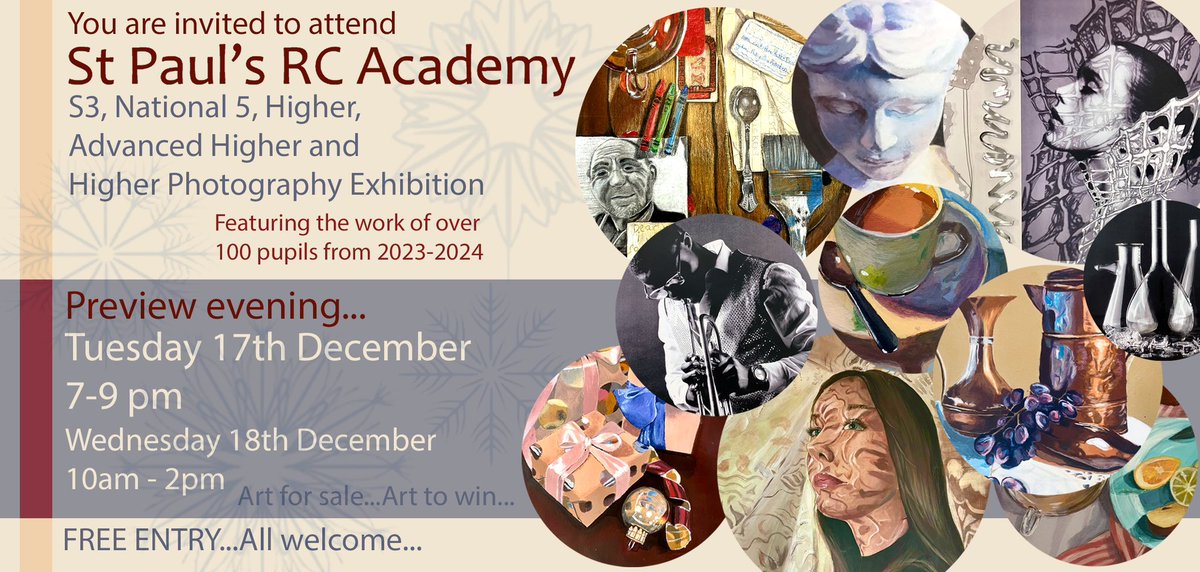 We are hosting our annual Art and Design exhibition on Tuesday 17th December from 7-9pm and Wednesday 18th December between 10am and 2pm. 
We would love for you join us in celebrating this amazing collection of artwork! 
#onecommunitymanygifts 
<a href="/stpaulsdundee/">St Paul's Academy</a> <a href="/DundeeCouncil/">Dundee City Council</a>