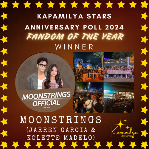ABSCBNStarsPoll's tweet photo. The Moonstrings (#JarLette) fandom wins Fandom of the Year, proving that love and unity can achieve anything. From trending tags to organizing events for their idols, they have truly set the standard. Congratulations, @jarrenglorious &amp; @kolettemadelo! #KapamilyaStarsPoll2024 🤎✨ https://t.co/pFuQTgxWp5
